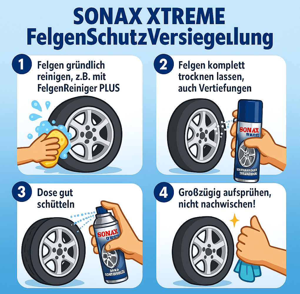 Illustration zur Anwendung der SONAX XTREME FelgenSchutzVersiegelung in 4 Schritten: Felgen reinigen, vollständig trocknen lassen, Spraydose schütteln, großzügig aufsprühen ohne nachzuwischen. Darstellung im hellen, cartoonartigen Stil mit klaren Symbolen und Text.