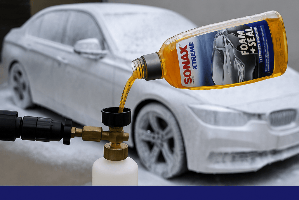 SONAX XTREME Foam+Seal Shampoo – Reinigung und Versiegelung in einem Produkt, stilvoll in Szene gesetzt mit schützendem Glanzeffekt im Hintergrund