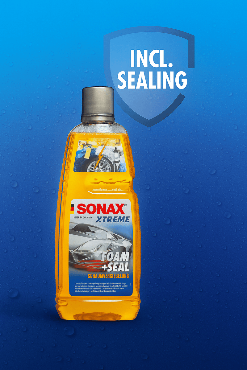 SONAX XTREME Foam+Seal Shampoo – Reinigung und Versiegelung in einem Produkt, stilvoll in Szene gesetzt mit schützendem Glanzeffekt im Hintergrund.
