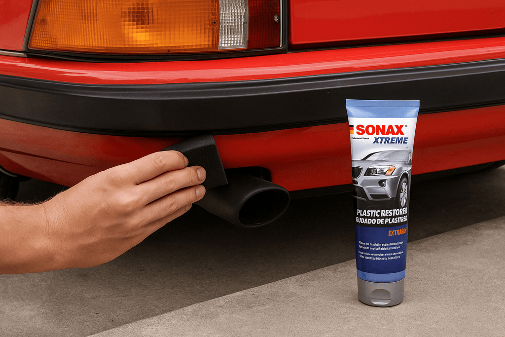 Anwendung von SONAX XTREME KunststoffGel an der Heckstoßstange eines Oldtimers zur Auffrischung und Pflege von ausgebleichtem Kunststoff.