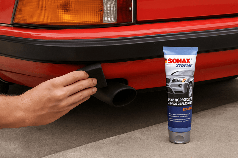 Anwendung von SONAX XTREME KunststoffGel an der Heckstoßstange eines Oldtimers zur Auffrischung und Pflege von ausgebleichtem Kunststoff.