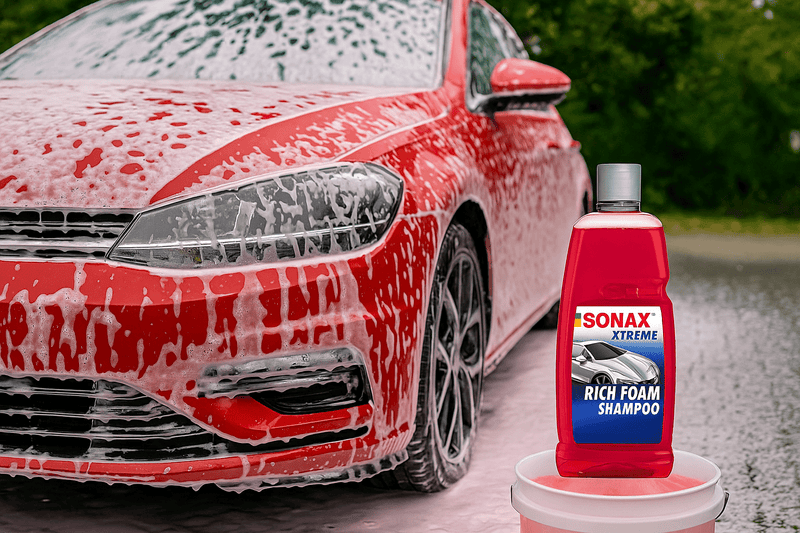 Ein rotes Fahrzeug wird mit reichhaltigem Aktivschaum gewaschen, während die 1-Liter-Flasche SONAX XTREME RichFoam Shampoo im Vordergrund steht – intensive Reinigung mit fruchtigem Berry-Duft.