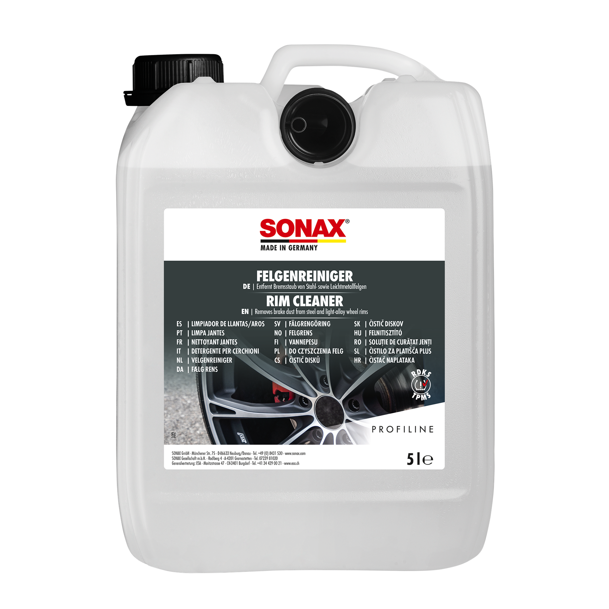 5L Kanister des SONAX Felgenreiniger, ideal für die gründliche Reinigung von Stahl- und Leichtmetallfelgen.