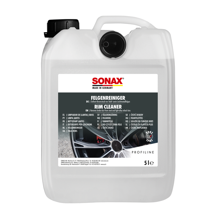 5L Kanister des SONAX Felgenreiniger, ideal für die gründliche Reinigung von Stahl- und Leichtmetallfelgen.