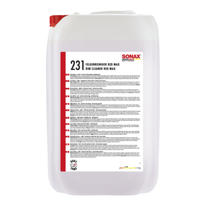 25L Kanister des SONAX Felgenreiniger Red Max, ideal für die intensive Reinigung von stark verschmutzten Stahl- und Leichtmetallfelgen.