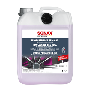 5L Kanister des SONAX Felgenreiniger Red Max, ideal für die intensive Reinigung von stark verschmutzten Stahl- und Leichtmetallfelgen.