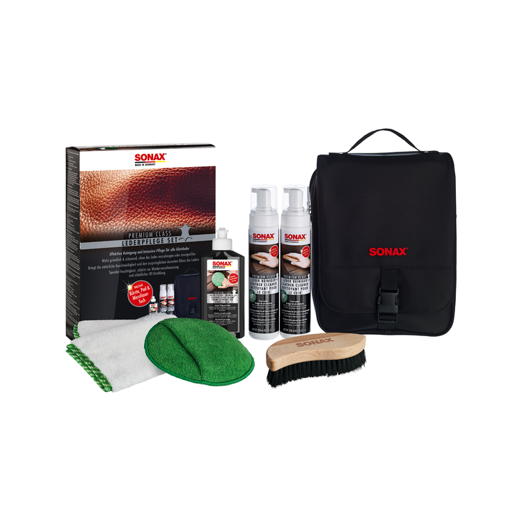 7-teiliges SONAX PremiumClass LederPflegeSet, ideal zur gründlichen Reinigung und Pflege von Glattleder.