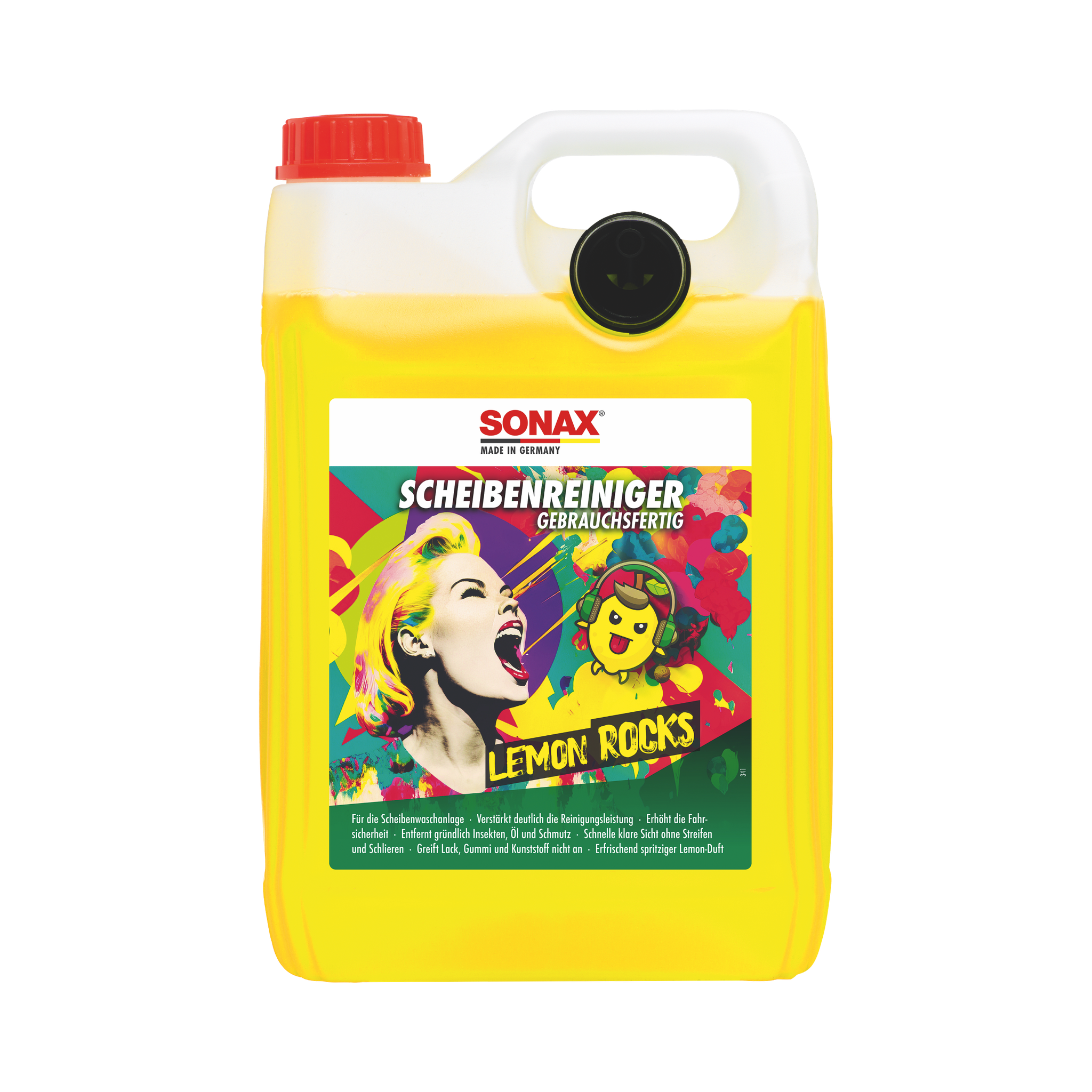 5L Kanister des SONAX ScheibenReiniger gebrauchsfertig Lemon Rocks, ideal zur streifenfreien Reinigung von Scheiben und Scheinwerfern.