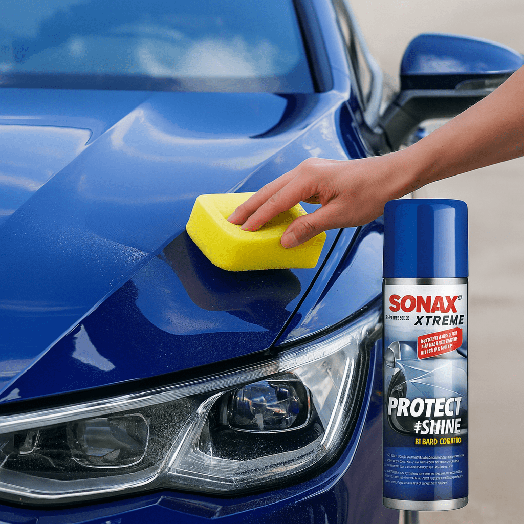 Anwendung von SONAX XTREME Protect+Shine mit gelbem Applikationsschwamm auf dem Lack eines weißen Autos für Hochglanz und Langzeitschutz