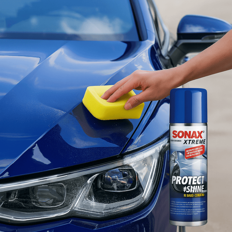 Anwendung von SONAX XTREME Protect+Shine mit gelbem Applikationsschwamm auf dem Lack eines weißen Autos für Hochglanz und Langzeitschutz