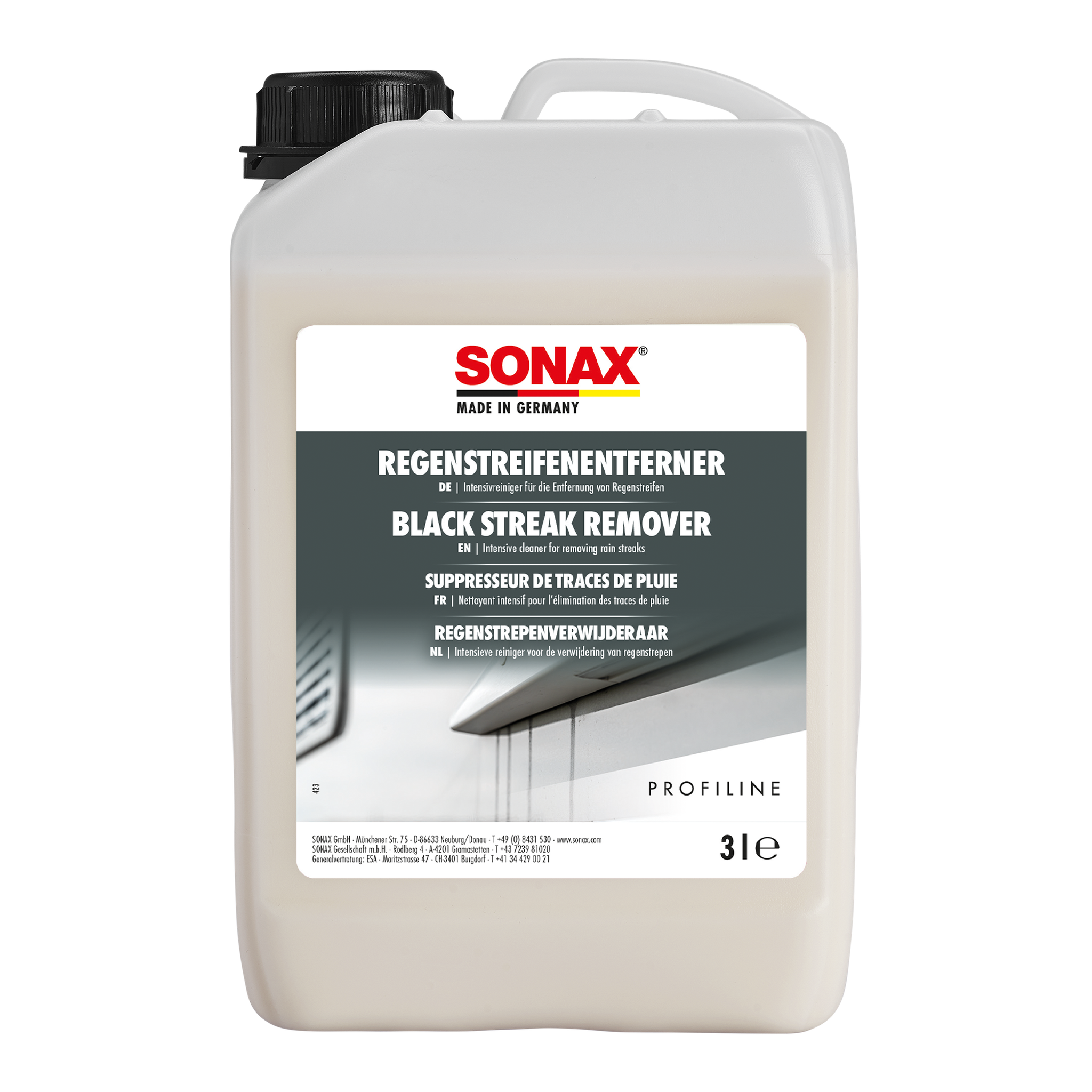 3L Kanister des SONAX RegenstreifenEntferner, ideal zur Entfernung von Regenstreifen und Verschmutzungen auf Wohnmobilen und Caravans.