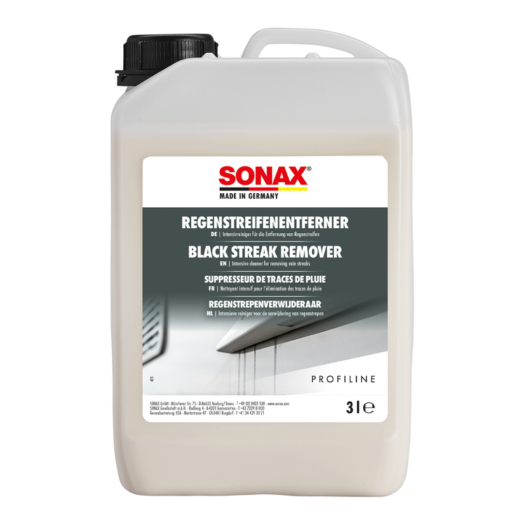 3L Kanister des SONAX RegenstreifenEntferner, ideal zur Entfernung von Regenstreifen und Verschmutzungen auf Wohnmobilen und Caravans.