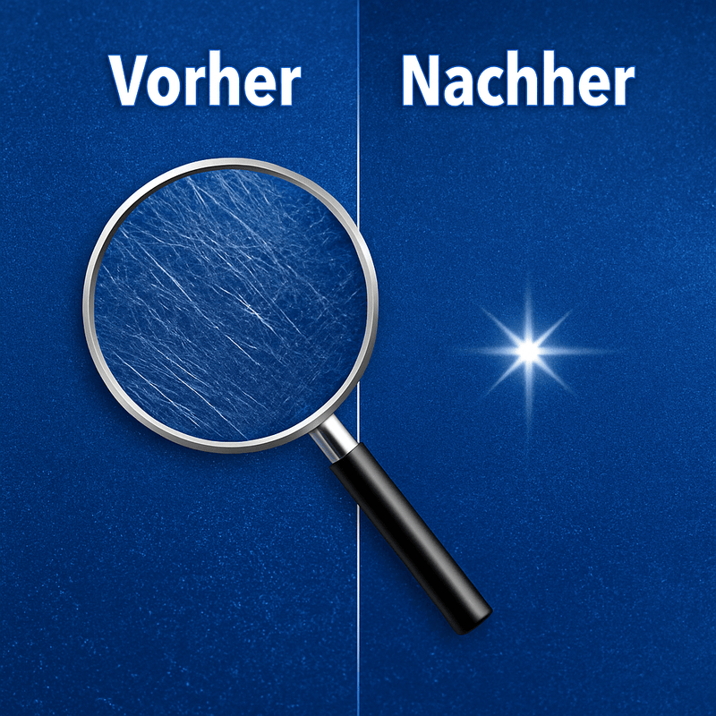 Vergleichsbild zeigt Nahaufnahme einer Autolackoberfläche mit Mikrokratzern auf der linken Seite und spiegelglatter, polierter Fläche auf der rechten Seite – visualisiert den Effekt der SONAX XTREME Polish+Wax 2 Politur bei der Kratzerentfernung.