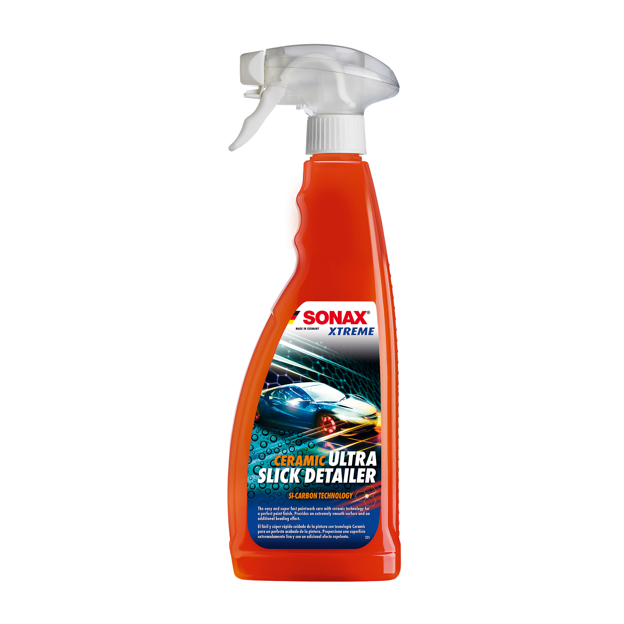 750ml Flasche des SONAX XTREME Ceramic QuickDetailer, ideal zur schnellen Pflege und Auffrischung von keramikversiegelten Lacken.