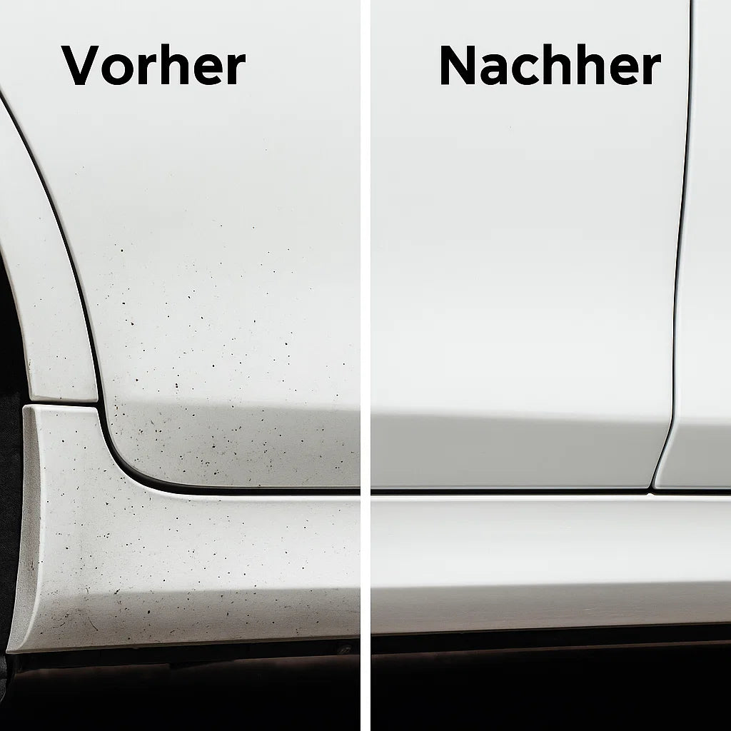 Vorher-Nachher-Vergleich einer Autoseite mit Teerflecken – links verschmutzt mit schwarzen Spritzern, rechts sauberer weißer Lack nach der Teerentfernung