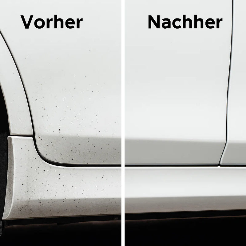 Vorher-Nachher-Vergleich einer Autoseite mit Teerflecken – links verschmutzt mit schwarzen Spritzern, rechts sauberer weißer Lack nach der Teerentfernung