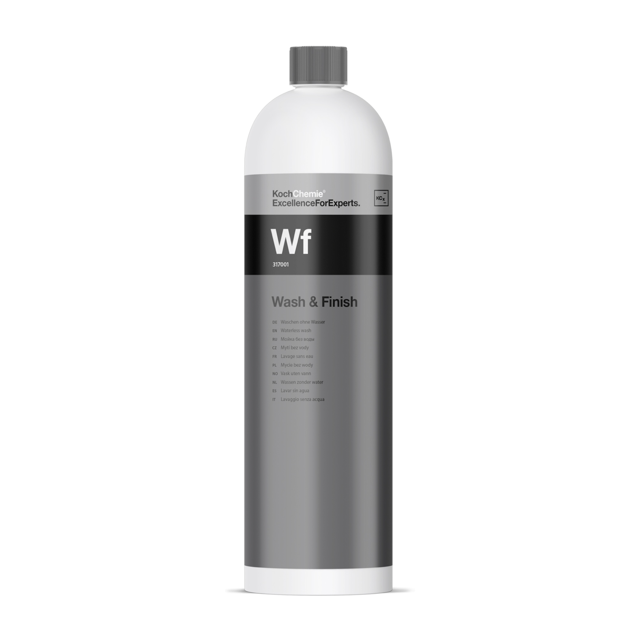 1L Flasche des Koch-Chemie Wash & Finish, ideal zur wasserlosen Reinigung und Pflege von Fahrzeugen.