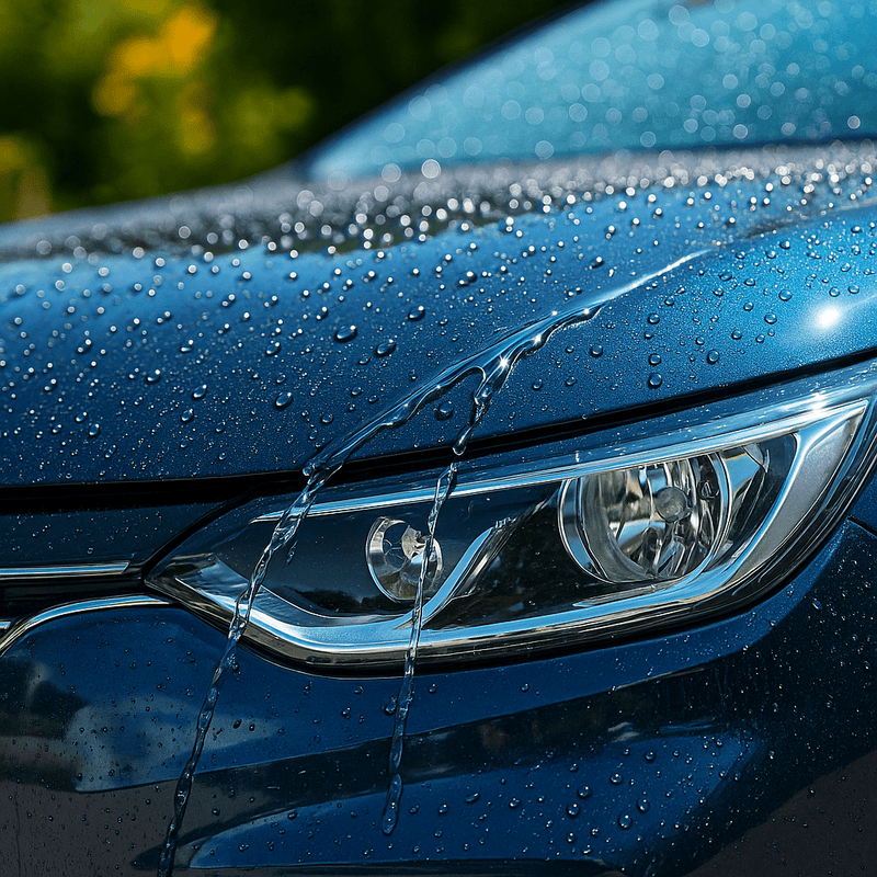 Nahaufnahme einer blauen Motorhaube mit Wassertropfen, die dank einer Schutzschicht stark abperlen – Beading-Effekt nach Versiegelung.