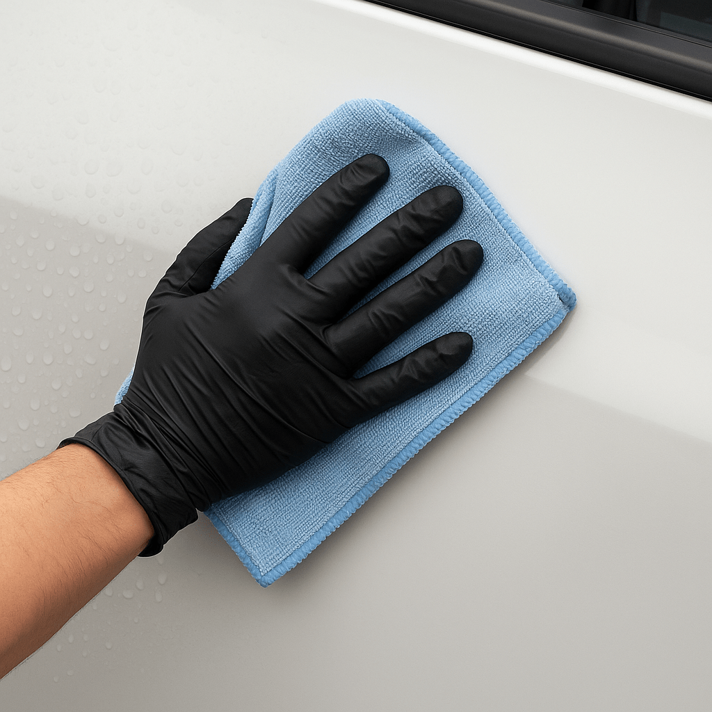 Hand mit schwarzem Handschuh wischt Wasserflecken mit Mikrofasertuch von weißer Autotür