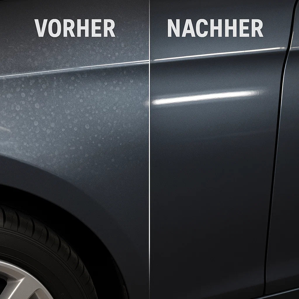 Vorher-Nachher-Vergleich eines Autolacks bei der Wasserfleckenentfernung – links viele Wasserflecken, rechts sauberer und glatter Lack ohne Rückstände