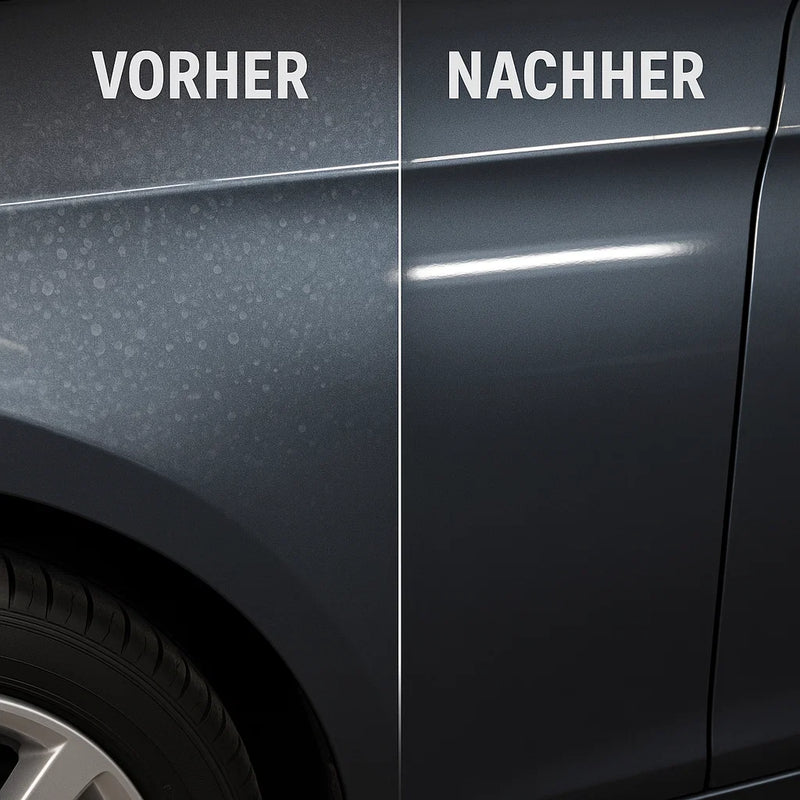 Vorher-Nachher-Vergleich eines Autolacks bei der Wasserfleckenentfernung – links viele Wasserflecken, rechts sauberer und glatter Lack ohne Rückstände