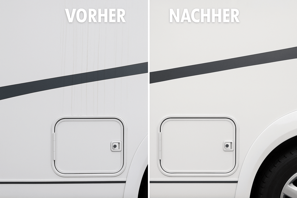 Vorher-Nachher-Vergleich einer weißen Wohnmobil-Seitenwand: links mit deutlichen schwarzen Regenstreifen, rechts sauber und streifenfrei nach der Reinigung.